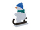 Schneemann auf Schlitten mit blauer Mütze und grünen Schal