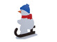 Schneemann auf Schlitten mit blauer Mütze und roten Schal